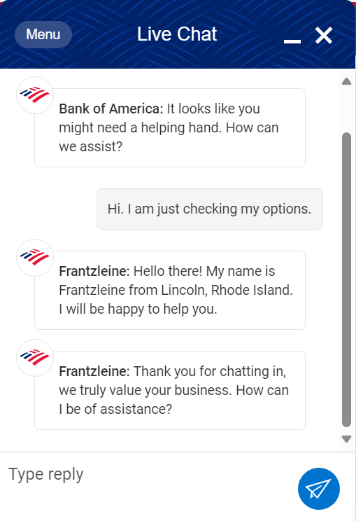 Esempio di live chat di Bank of America