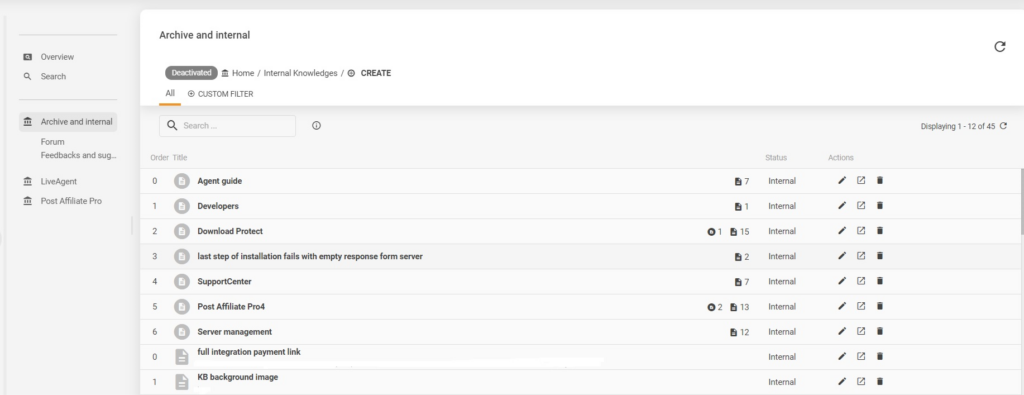 Esempio della base di conoscenza interna di LiveAgent