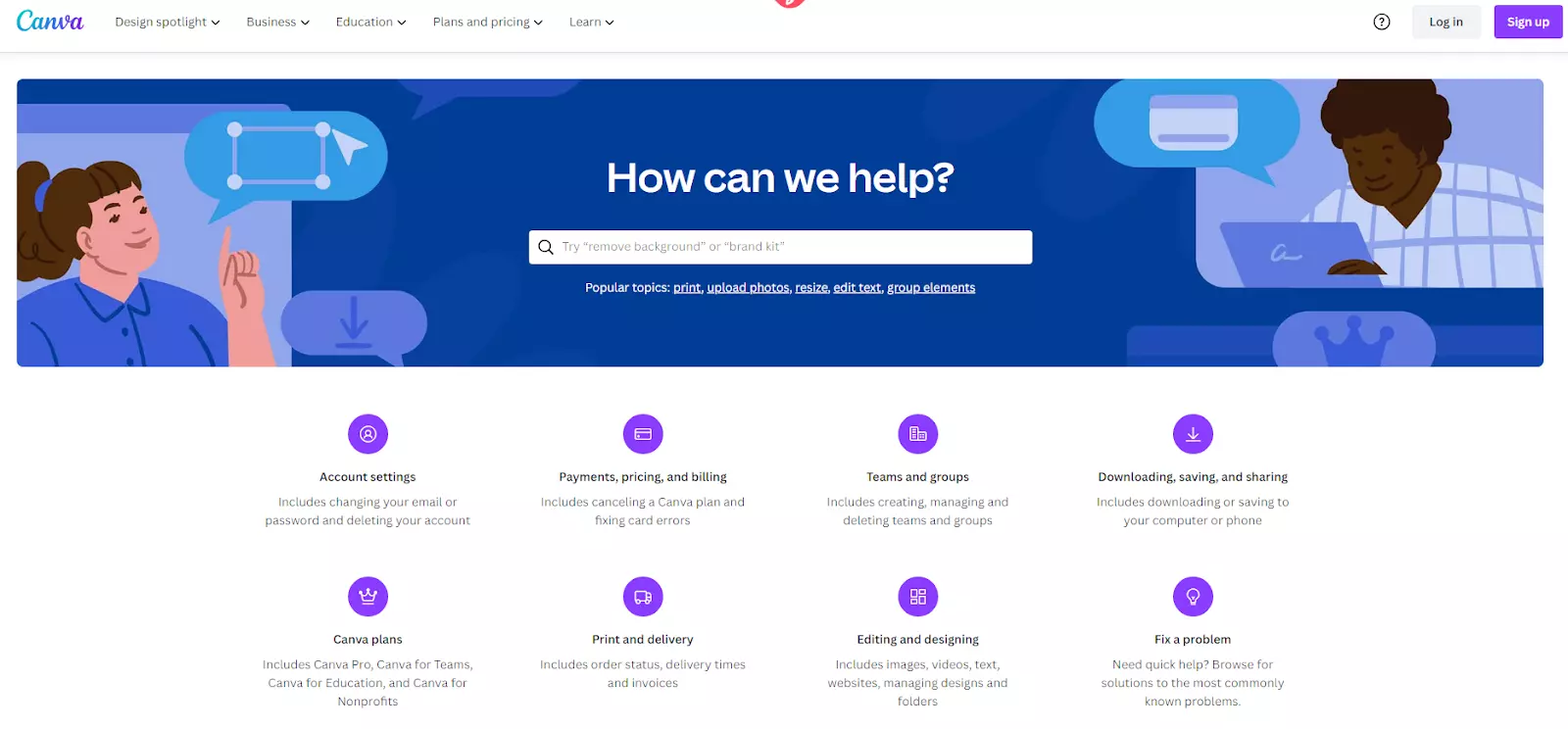 Pagina della base di conoscenza di Canva