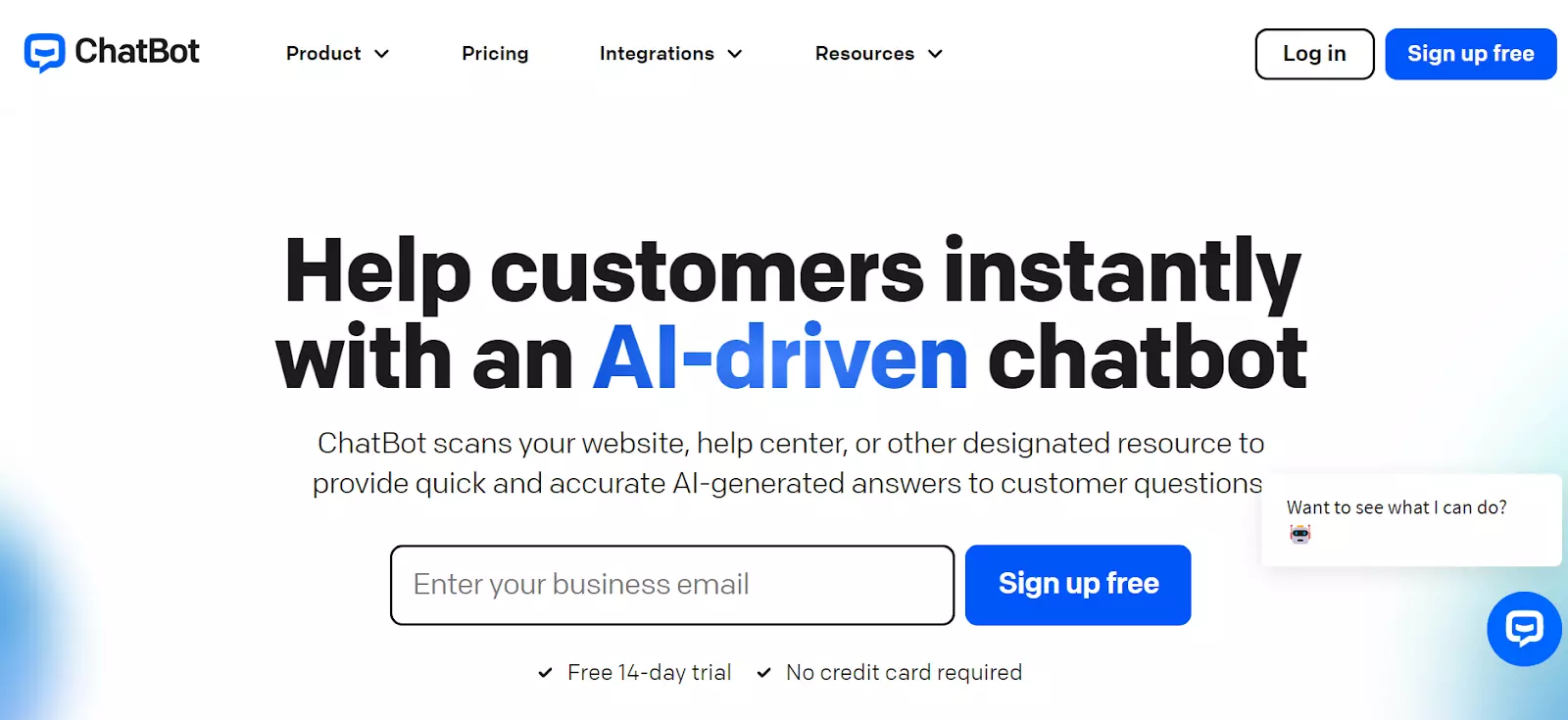 Screenshot della home page di ChatBot - fornisci risposte generate dall'IA con il loro potente chatbot