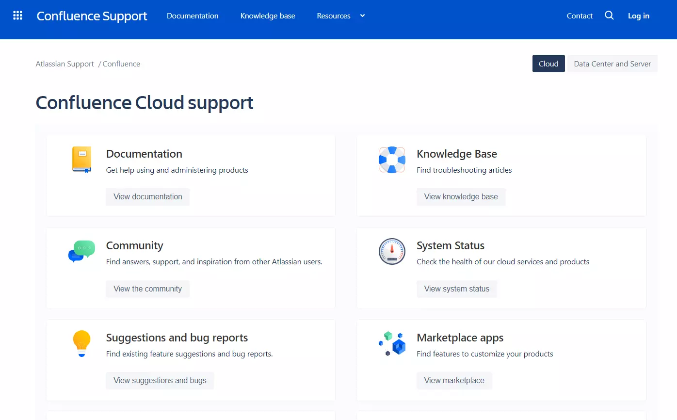 Immagine del supporto cloud di Confluence con una griglia di categorie di articoli