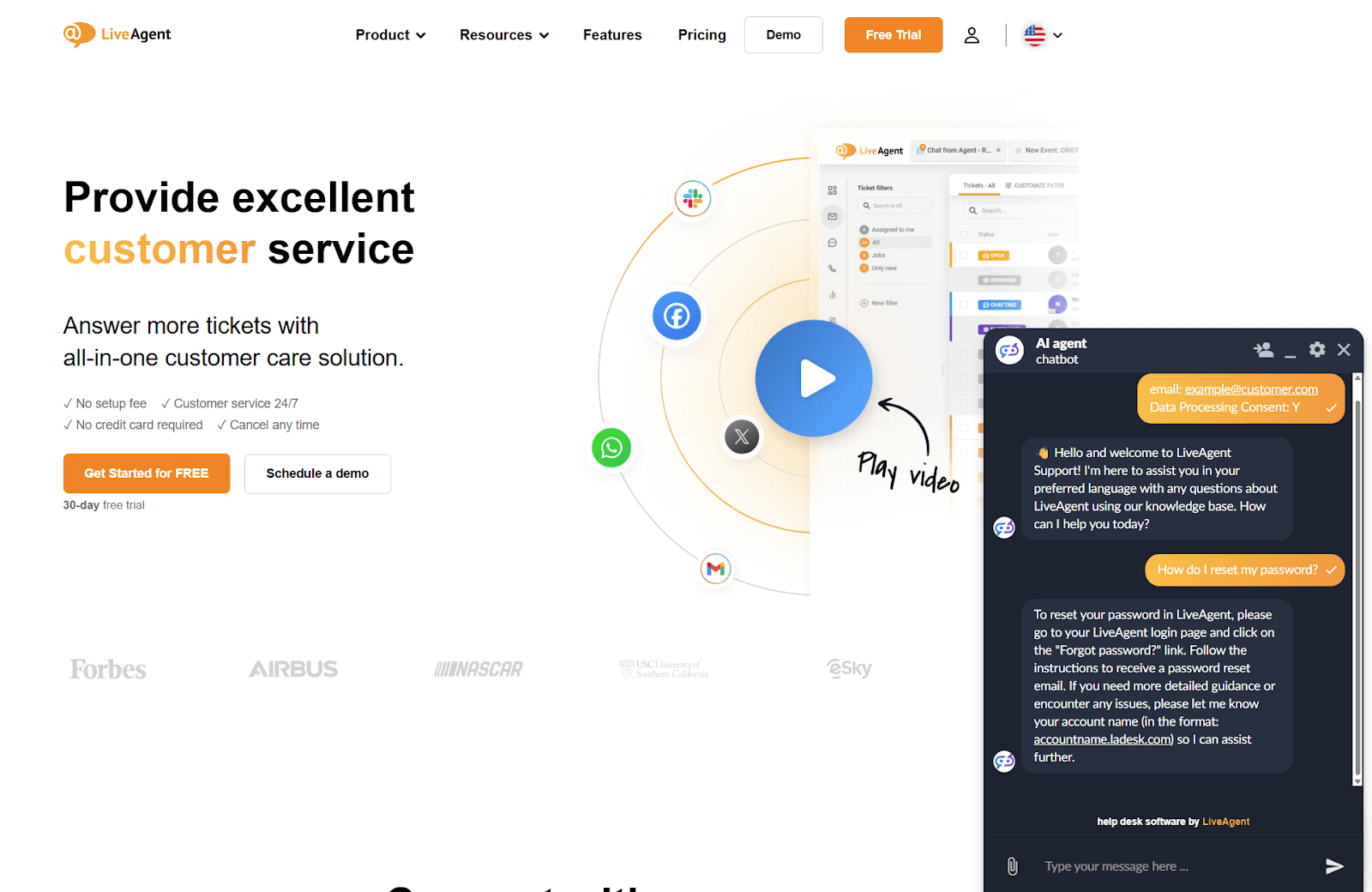 Screenshot della conversazione di supporto clienti con il Chatbot AI di LiveAgent