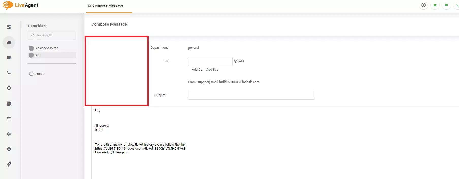 Un'immagine che mostra un problema di design nella schermata Componi messaggio in LiveAgent