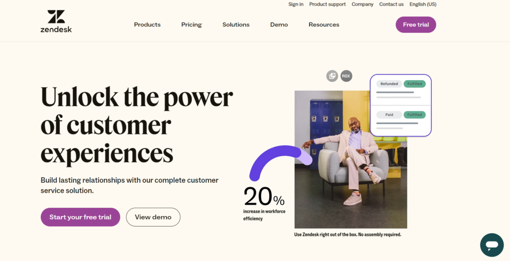 Homepage di Zendesk Suite - software di live chat per ecommerce orientato alle relazioni
