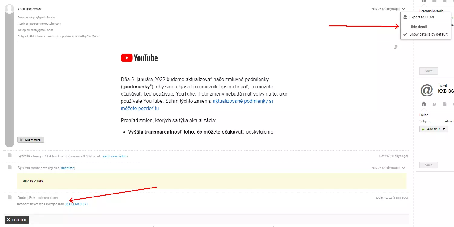 Immagine che mostra un errore nella visualizzazione della sorgente email dopo l'unione di due ticket, problema presente nelle versioni precedenti di LiveAgent