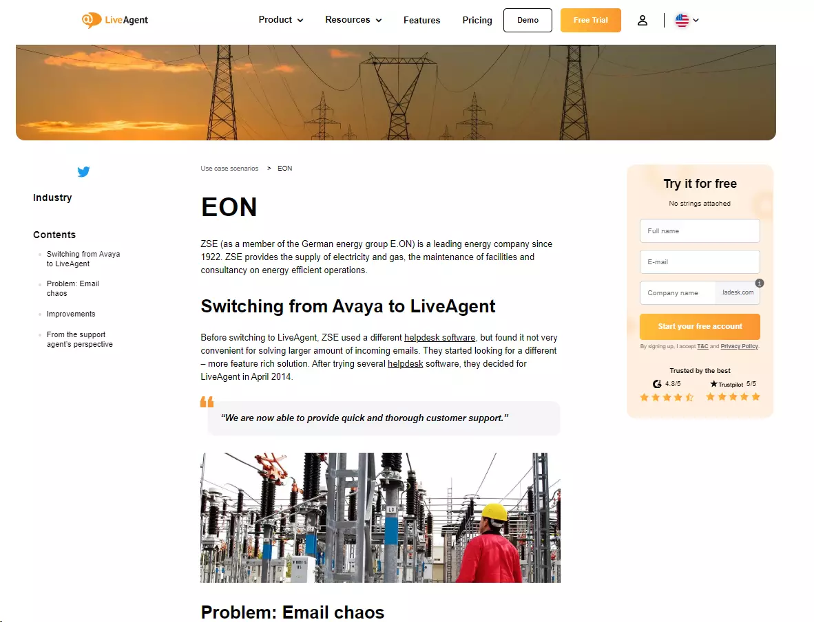 EON - un'azienda di elettricità che utilizza LiveAgent per affrontare grandi volumi di richieste di clienti provenienti da un singolo canale