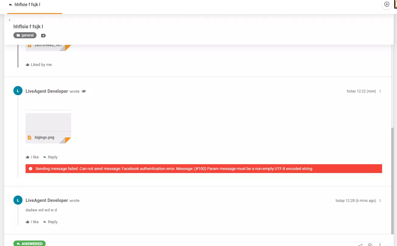 Messaggio di errore visualizzato quando si pubblica un'immagine su Facebook tramite LiveAgent