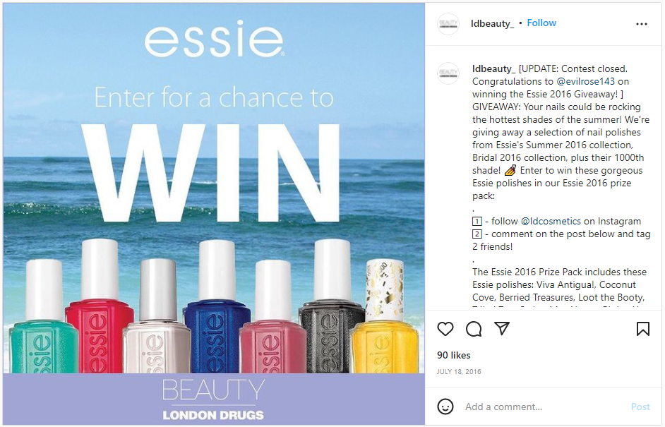 Concorso di giveaway sui social media del brand Essie che chiede ai follower di taggare gli amici