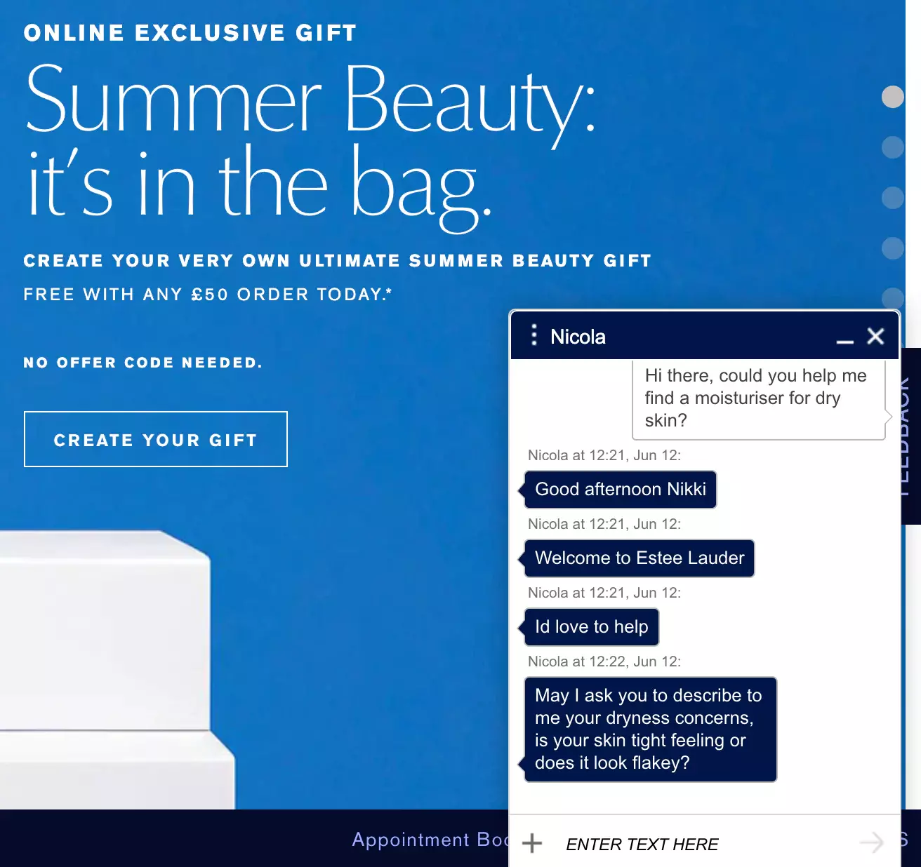 Esempio di live chat di Estee Lauder