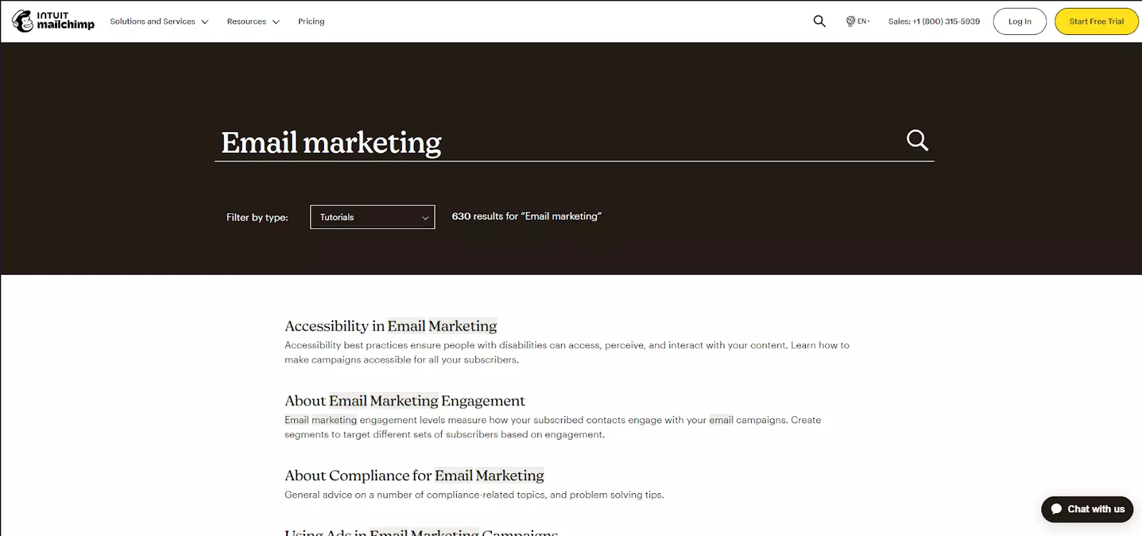 Esempio di funzione di ricerca nella knowledge base di MailChimp