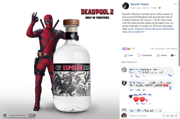 Annuncio di partnership del brand di tequila con il film Deadpool 2 su Facebook