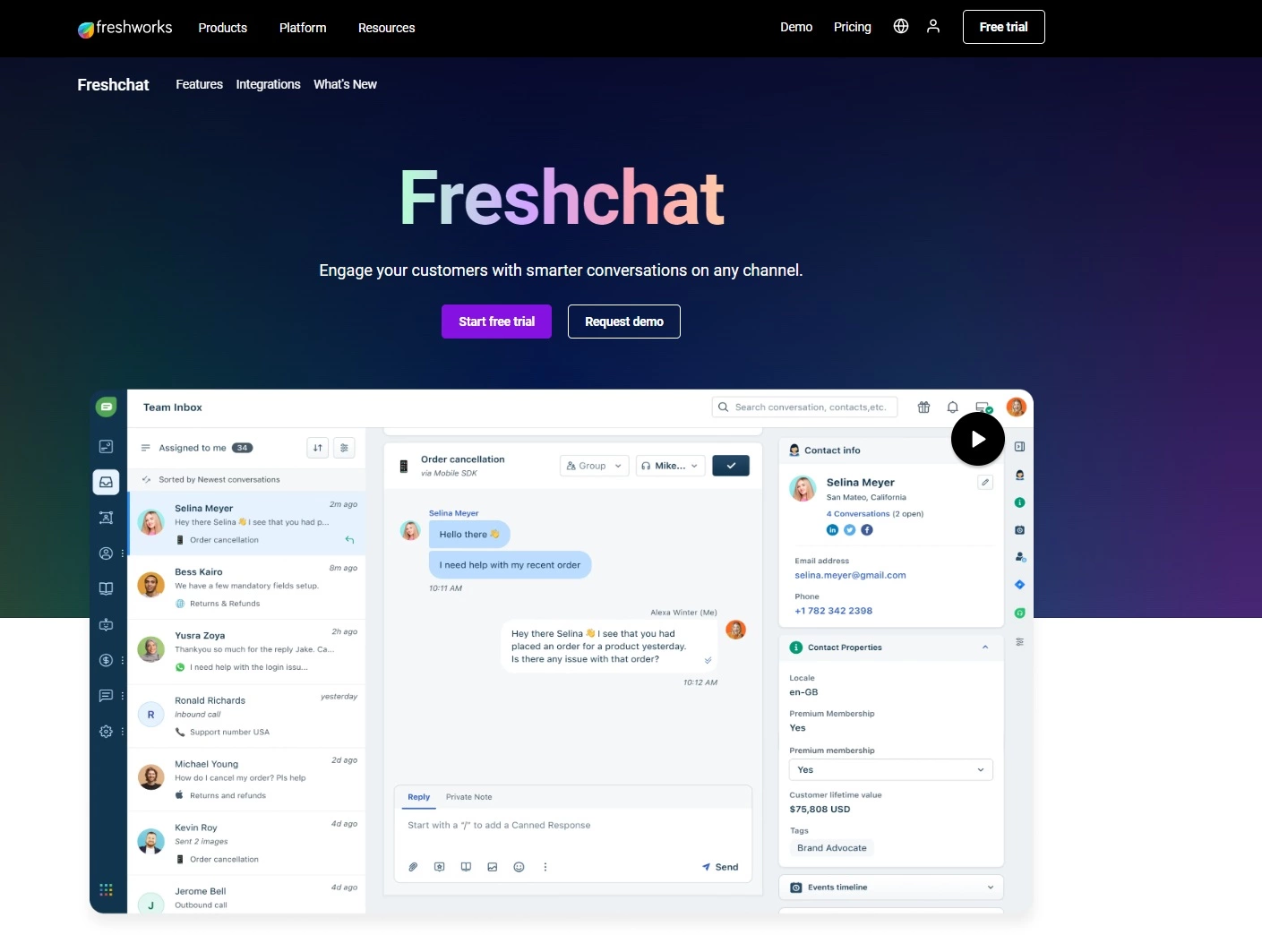 Screenshot della home page di Freshdesk - lo strumento di live chat per conversazioni più intelligenti e veloci