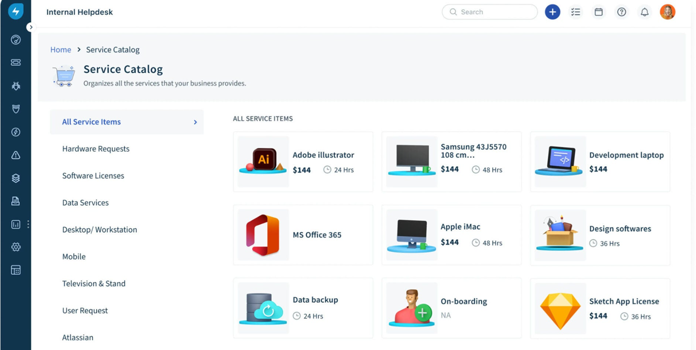Service desk Freshservice con elenco catalogo servizi