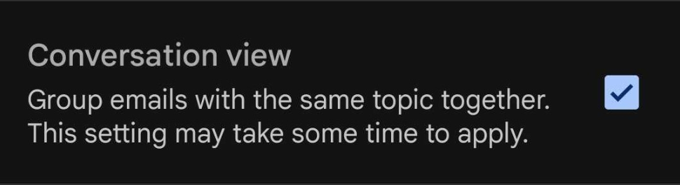 Una casella di controllo per abilitare e disabilitare la visualizzazione conversazione nell'app Gmail
