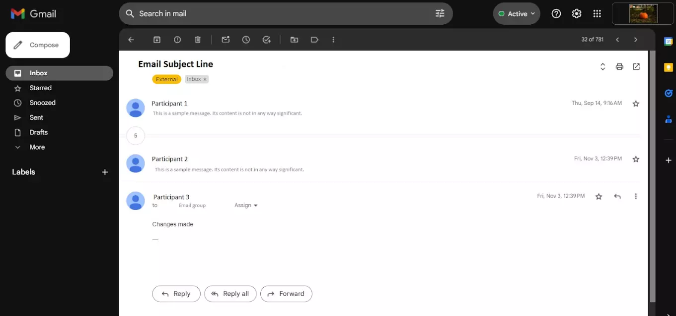 Un esempio di thread email tra più partecipanti nel corso del tempo