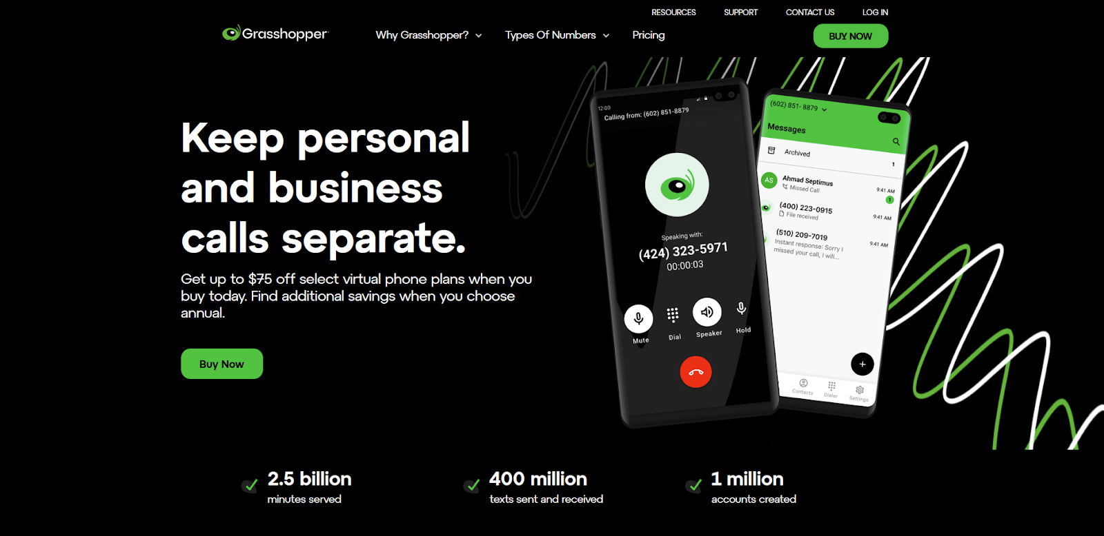 Homepage del sistema telefonico virtuale Grasshopper