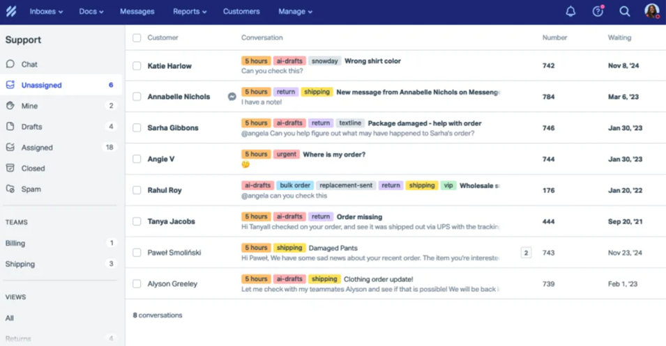 Vista conversazione posta in arrivo condivisa Help Scout