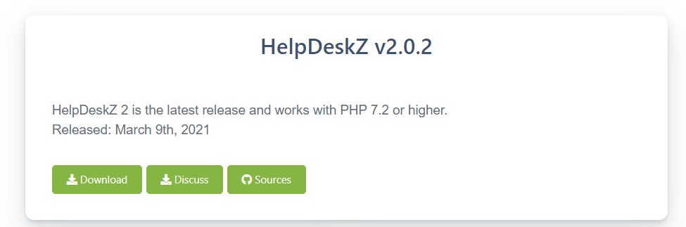 Un esempio della pagina di download di un sistema di ticketing open source con il pulsante di download, discussione e fonti