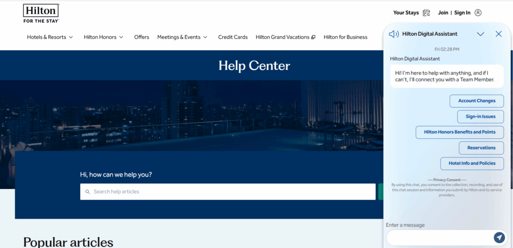 Assistente digitale Hilton sulla pagina web di Hilton
