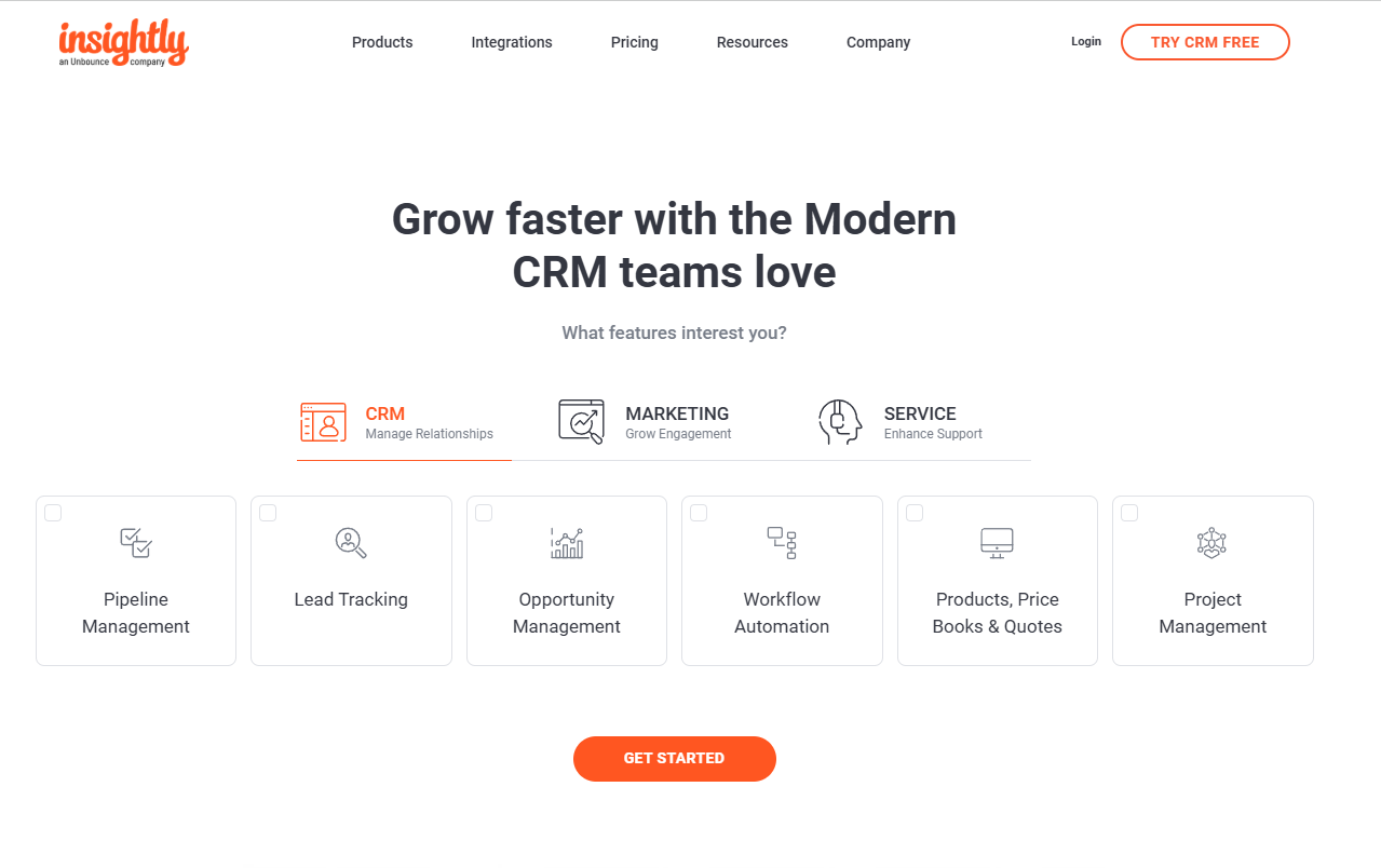 Screenshot della homepage di Insightly CRM