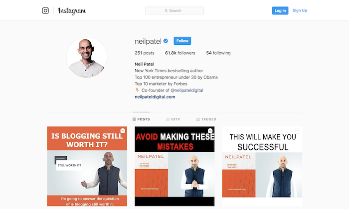 Neil Patel che condivide competenze di digital marketing su Instagram