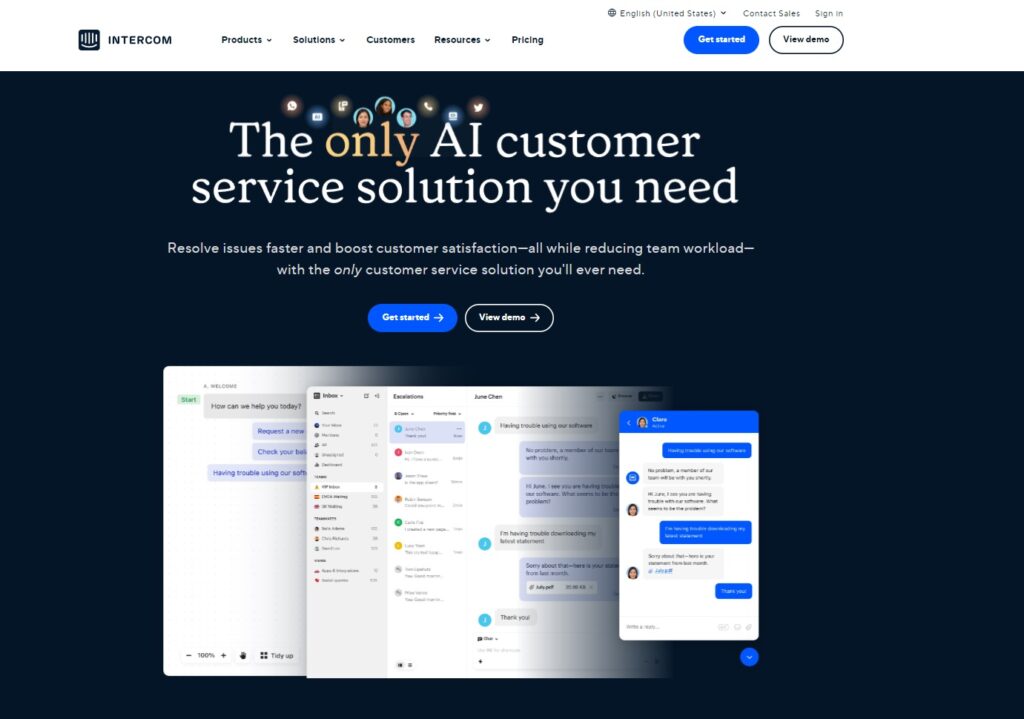 Homepage di Intercom, un'alternativa a Help Scout per software help desk