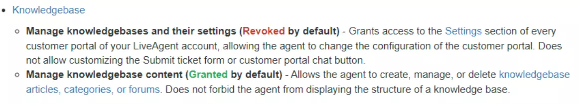 Immagine che mostra esempi di diversi permessi che gli utenti possono avere riguardanti la loro base di conoscenza