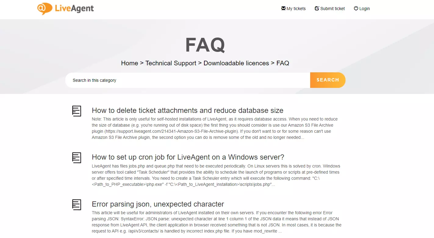 Pagina FAQ della knowledge base di LiveAgent
