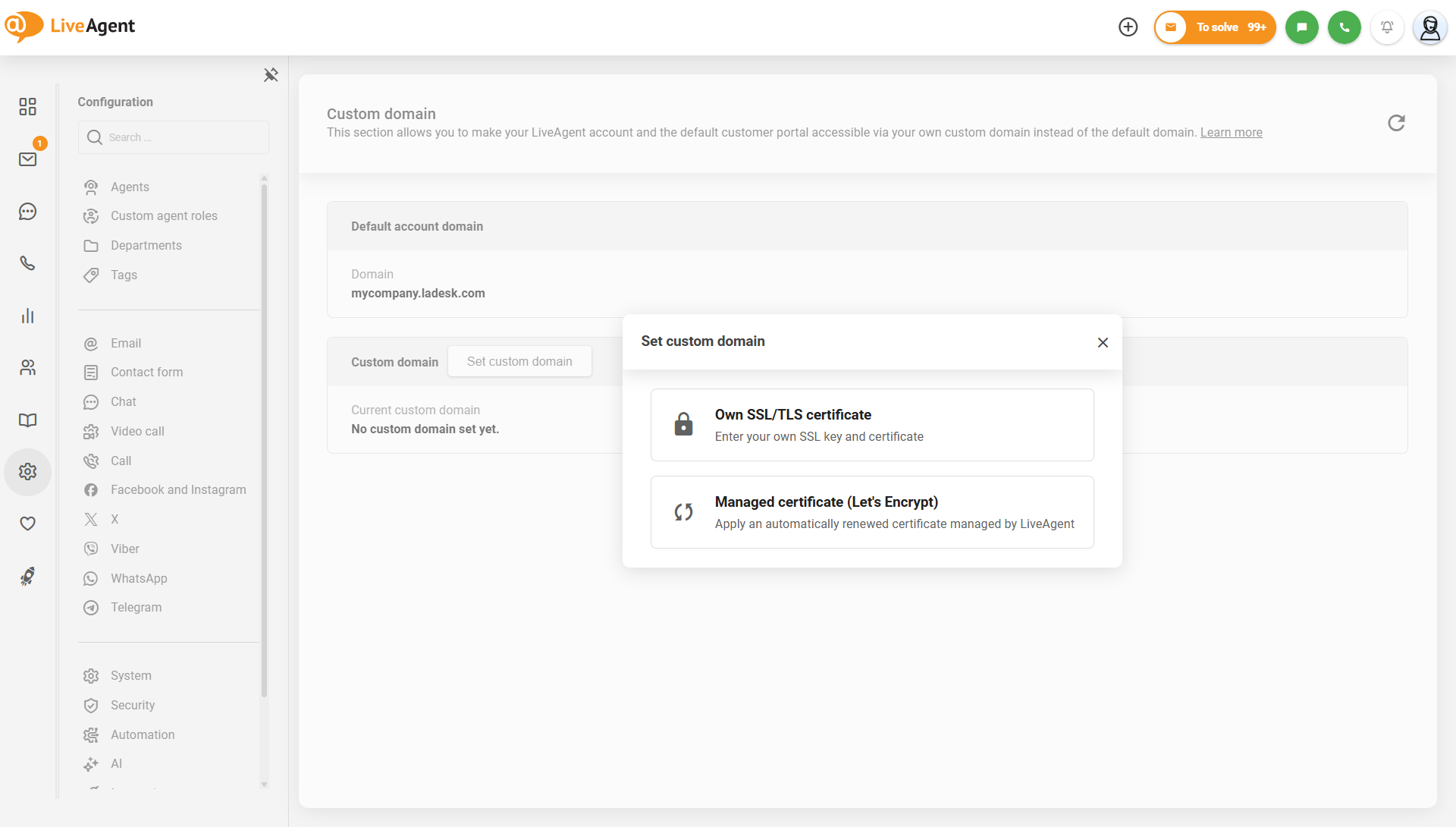 Impostazioni del dominio personalizzato LiveAgent con opzione certificato gestito Let's Encrypt