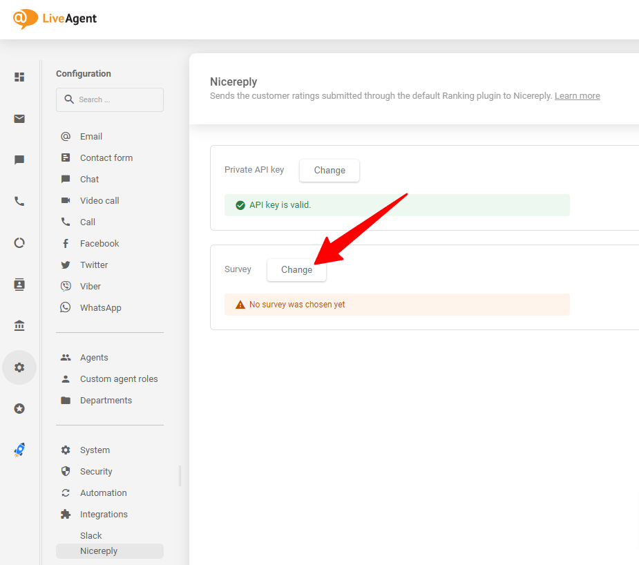Scegli il sondaggio Nicereply che desideri dopo aver incollato la chiave API nel tuo LiveAgent