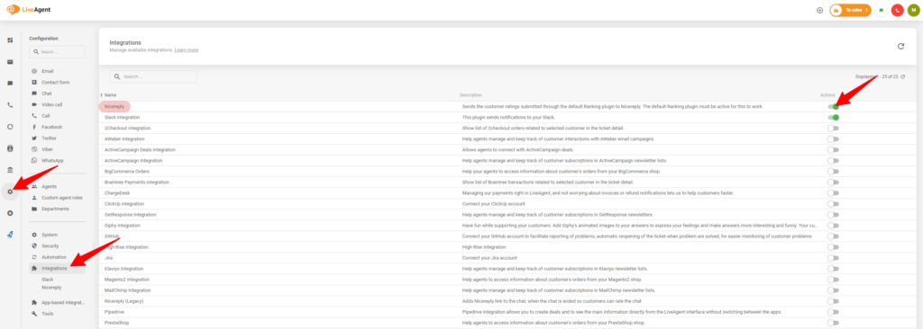Il processo di abilitazione dell'integrazione con Nicereply nelle impostazioni di LiveAgent
