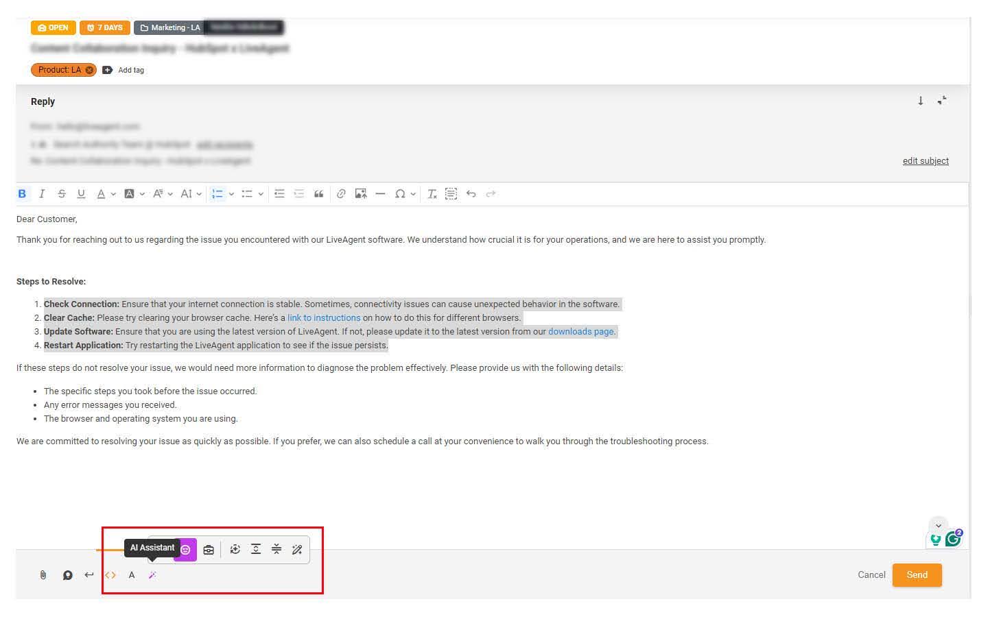 Interfaccia dell'assistente di risposta AI di LiveAgent