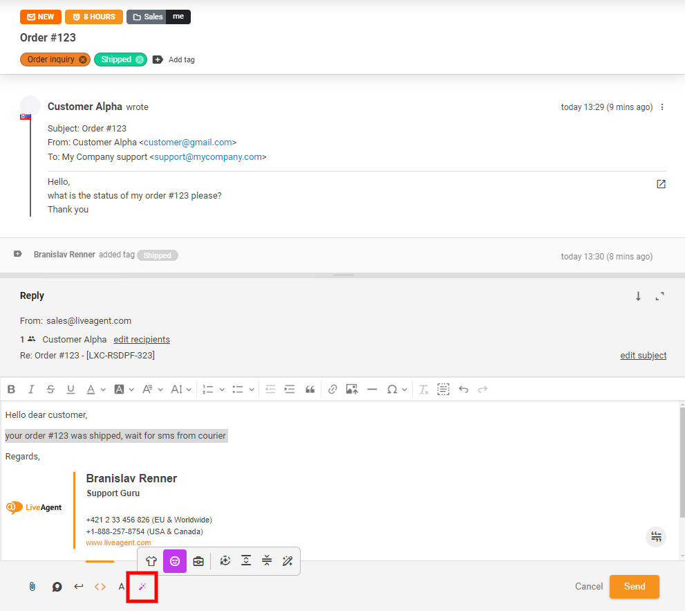 Screenshot del pulsante AI Answer Assistant nella vista chat