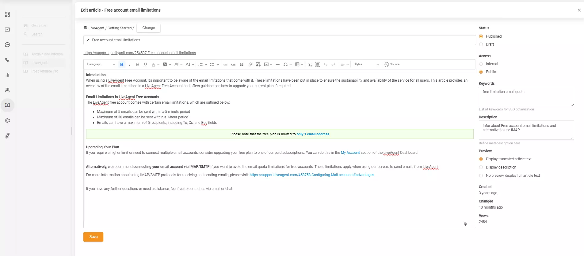 Article editor in LiveAgent