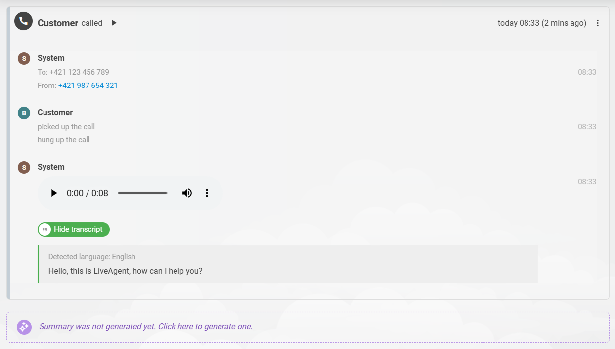 Trascrizione chiamate LiveAgent: timeline ticket che mostra una registrazione con la relativa trascrizione sotto il lettore audio