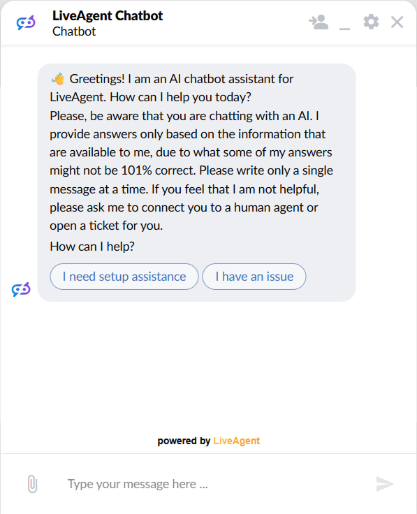 Finestra chat LiveAgent che mostra un saluto del chatbot AI con due pulsanti di risposta cliccabili per assistenza configurazione e segnalazione problema