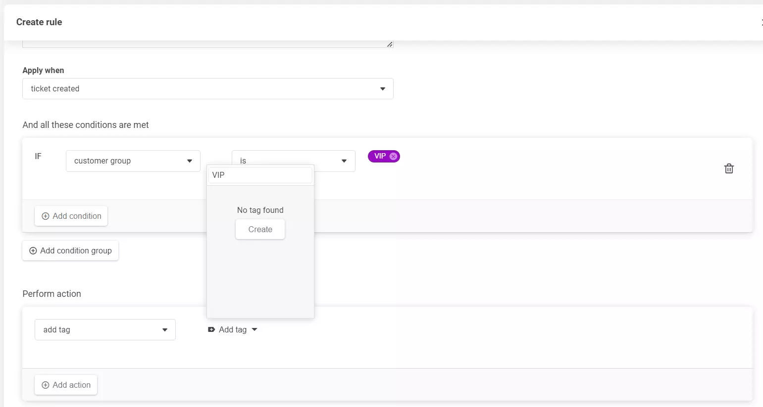 Una schermata della sezione crea regola, che mostra come aggiungere un nuovo tag.