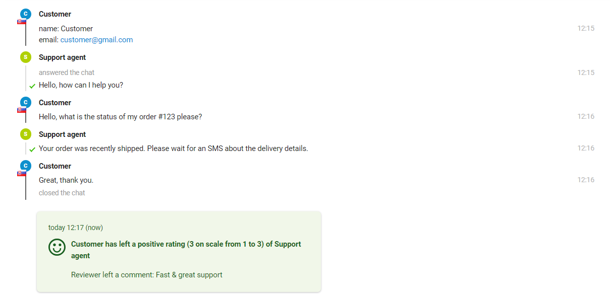 L'immagine mostra l'interazione tra un cliente e un agente di supporto, dove l'agente può vedere la valutazione alla fine del messaggio