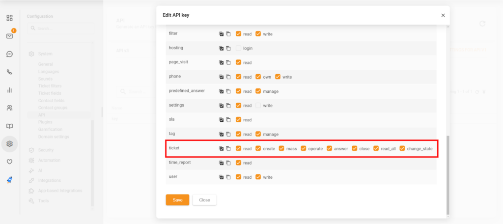 La sezione Modifica chiave API in LiveAgent che mostra i nuovi permessi 'close' e 'change_state'