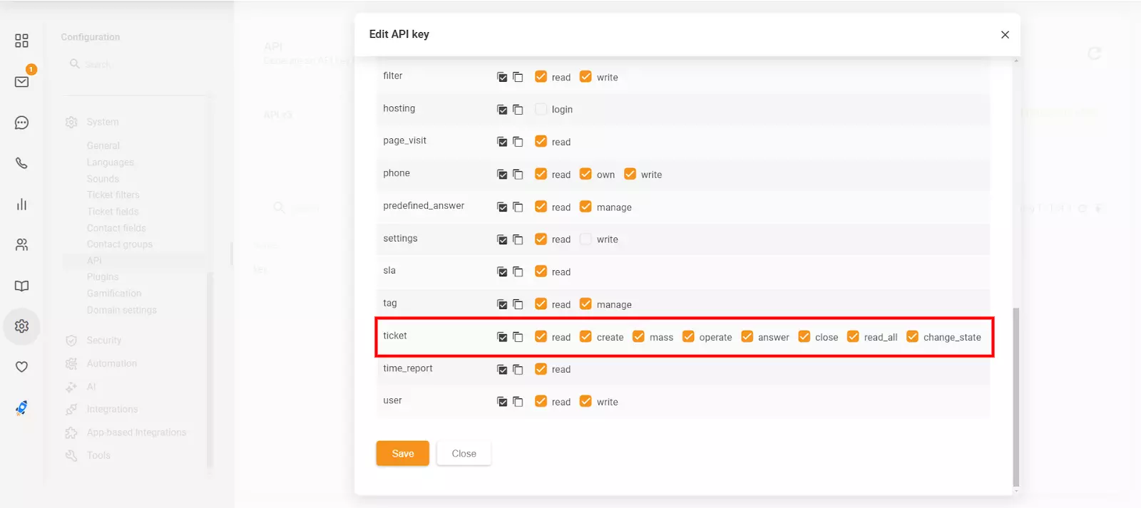 La sezione Modifica chiave API in LiveAgent che mostra le nuove autorizzazioni 'close' e 'change_state'