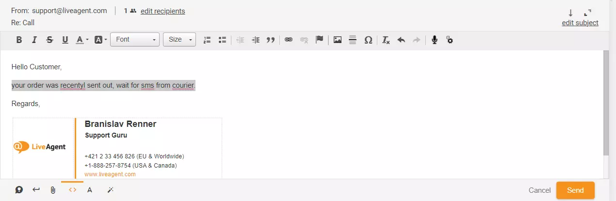 Immagine che mostra la risposta al ticket evidenziata in LiveAgent