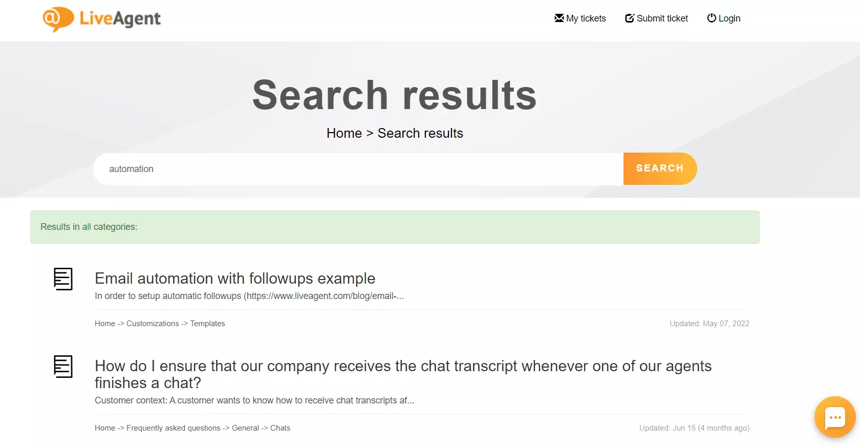 Funzionalità di ricerca della knowledge base di LiveAgent