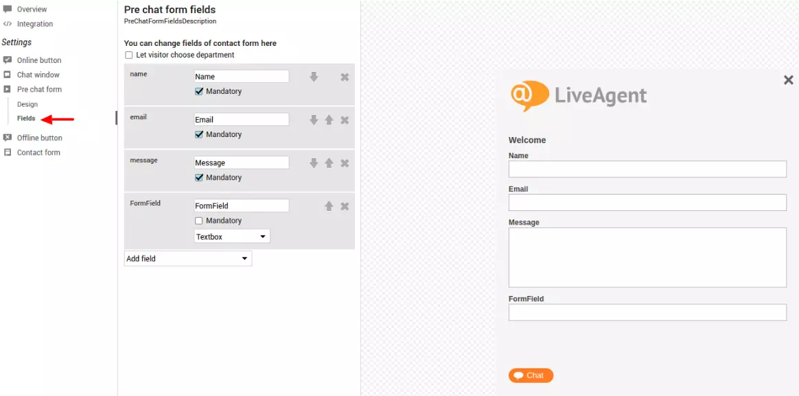 Immagine che mostra le impostazioni dei campi del pre-chat nel software di live chat LiveAgent.
