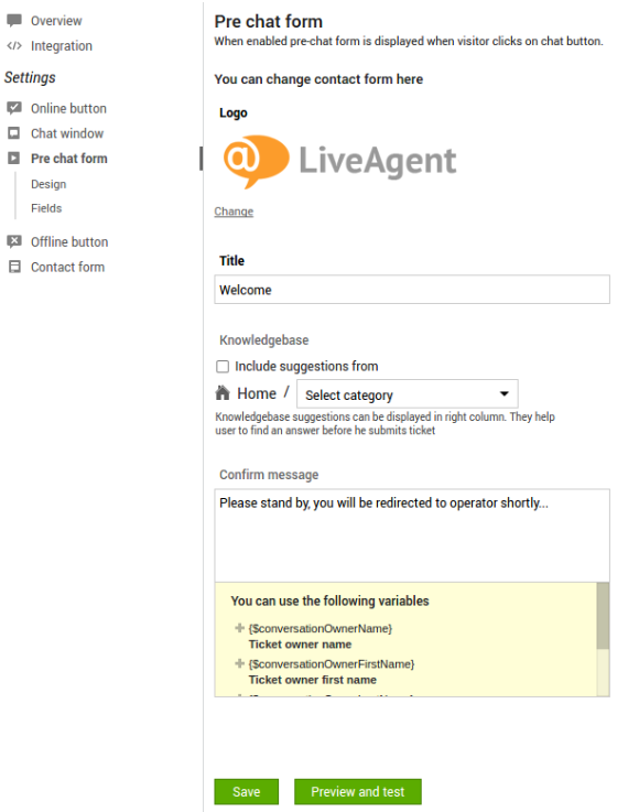 Immagine che mostra la panoramica del pre-chat nel software di live chat LiveAgent.