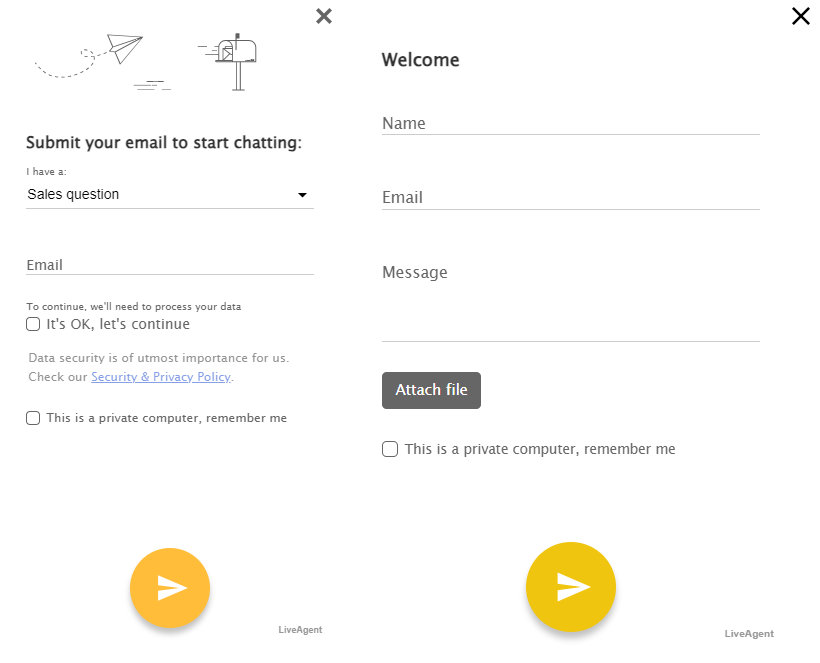 Finestre di sondaggio pre-chat che mostrano il tipo di informazioni che possono essere richieste.