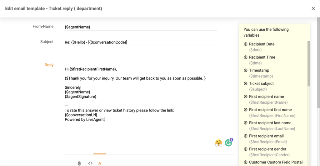 Nuovo editor template in LiveAgent 5.26