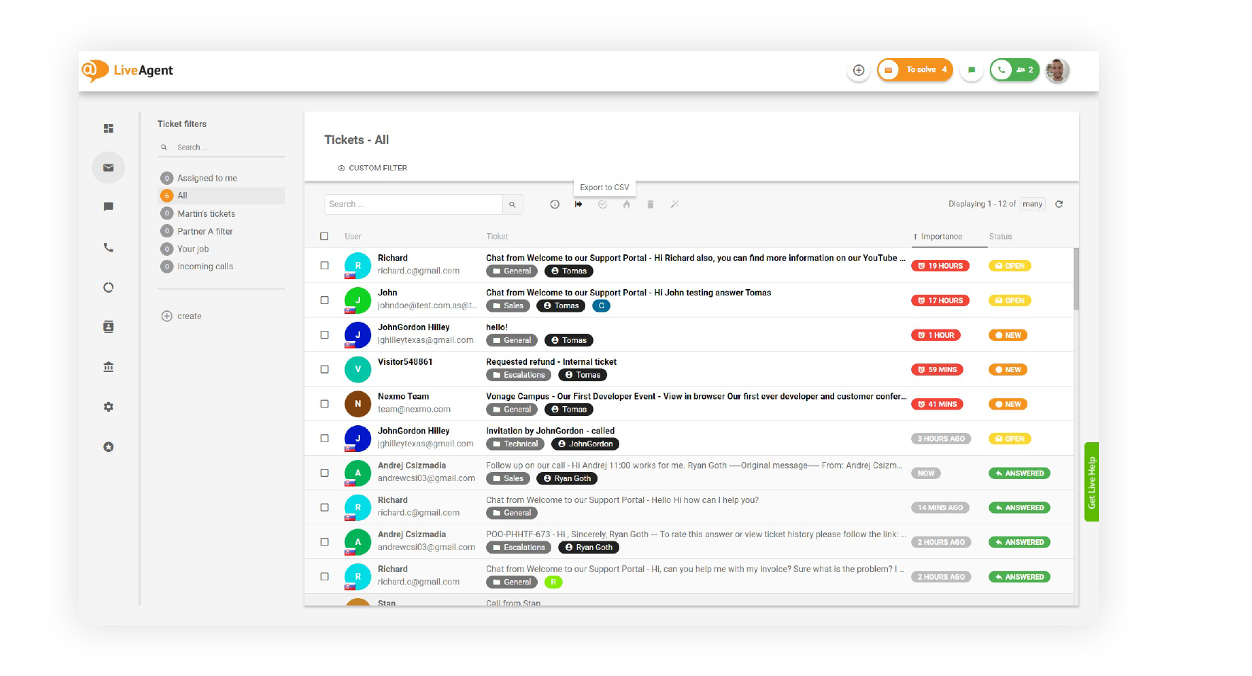 Posta in arrivo universale LiveAgent con ticket email, chat e telefono in un'unica coda