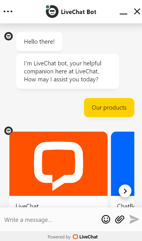 Lo screenshot mostra come appare la live chat con LiveChat