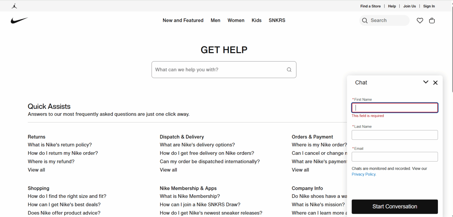 Chatbot AI sul sito web di Nike