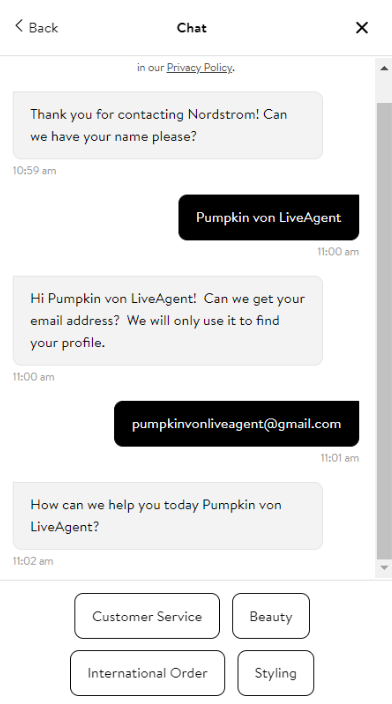 Funzionalità chatbot di Nordstrom